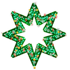 Obraz premium Beautiful christmas graphic element of sparkling illumination on star shaped pine with snowflake and shiny stars and red berries on transparent background (RGBA 3D Rendering PNG)
