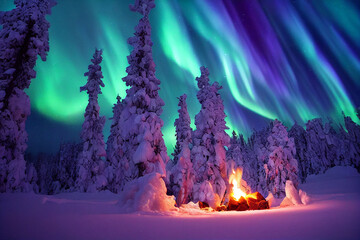 Northern Lights over the winter forest and campfire. Aurora borealis with starry in the night sky. Fantastic Winter Epic Magical Landscape. Generative AI