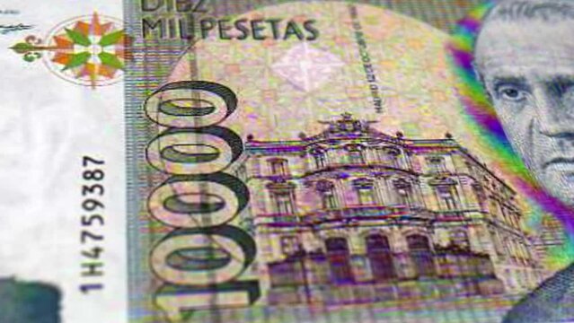 Spain Spanish Peseta 10000 Banknotes, Ten Thousand Spanish Peseta, Close-up and macro view of the Spanish Peseta, Tracking and Dolly Shots 10000 Spanish Peseta banknote Observe and Reserve Side