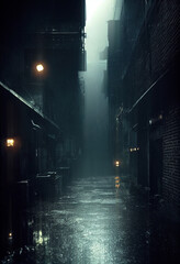 Illustration of a dark cyberpunk Gotham's alley on a foggy rainy night. A city rife with corruption and crime, dark and mystic atmosphere .
