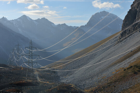 Hydro Lines and Pylons in Alps, Albula Pass, Graubunden, Switzerland
