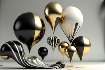 Gold, Silver, Black and White Balloons with melting undulating stripes and patterns Generative AI