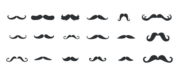Moustache silhouette set. Vector stock illustration isolated on white background for photo booth box, barber shop logo. 