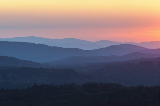 View from Lusen mountain over the Bavarian Forest at sunset at Waldhauser in the Bavarian Forest National Park, Bavaria, Germany