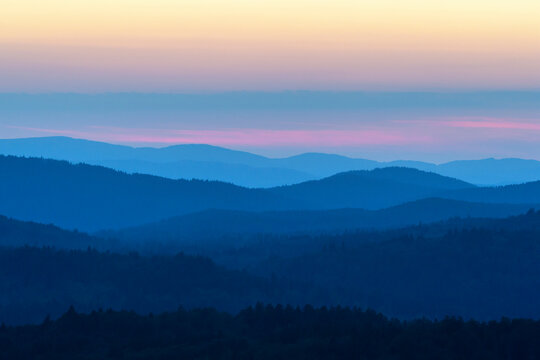 View from Lusen mountain over the Bavarian Forest at sunrise at Waldhauser in the Bavarian Forest National Park, Bavaria, Germany