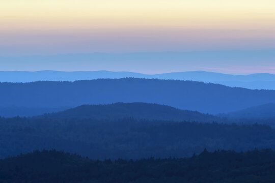 View from Lusen mountain over the Bavarian Forest at sunrise at Waldhauser in the Bavarian Forest National Park, Bavaria, Germany