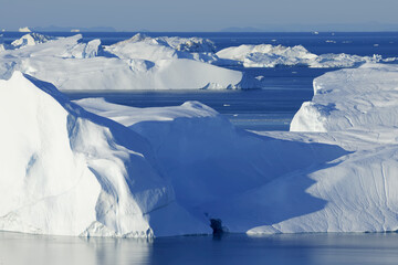 Icebergs at Ilulissat icefjord, Ilulissat, Icefjord, Disko Bay, Qaasuitsup, Greenland, Polar Regions, Arctic