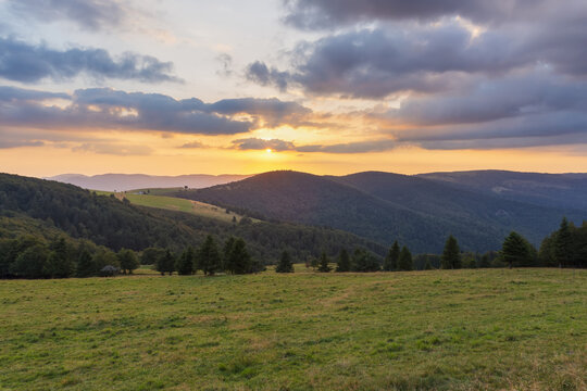 Mountain landscape with sunset over the Vosges Mountains at Le Markstein in Haut-Rhin, France