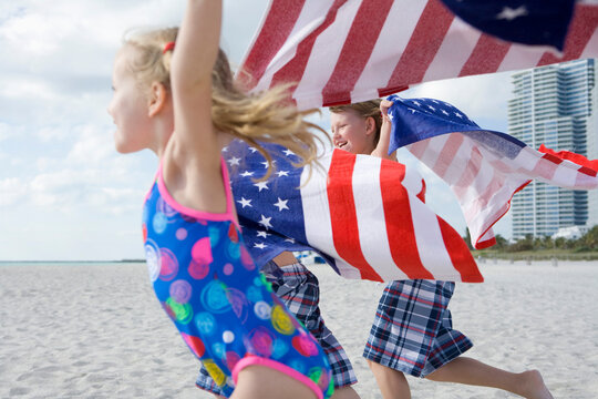 Children With American Flag Towels, Miami Beach, Dade County, USA