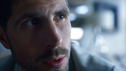 Closeup bearded supervisor speaking unknown colleague office. Director speaking