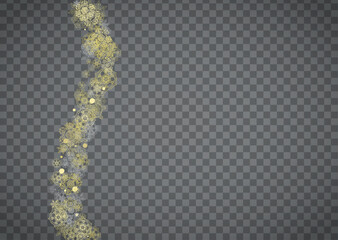Isolated snowflakes on horizontal transparent grey background. Gold glitter snow. Winter sales, Christmas and New Year design for party invitation, banner, sale. Magic crystal isolated snowflakes.