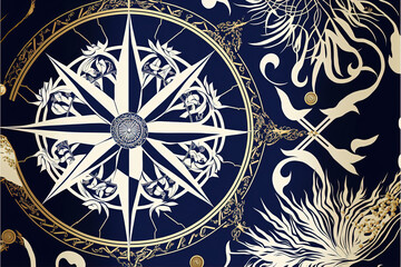 A graphic designer pattern on a navy blue background featuring a milky white lucky star with golden ornaments. generative ai.