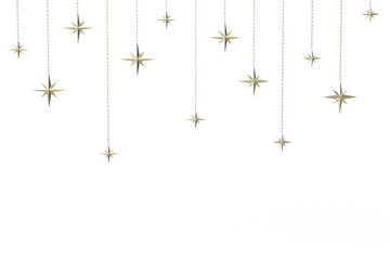 Isolated 3d golden stars hanging on chains.