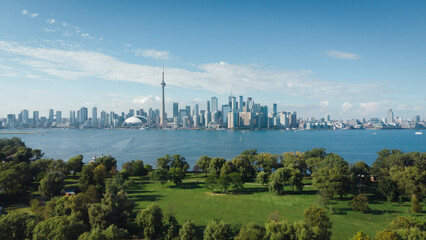 Aerial view of Toronto skyline, Lake Ontario and Centre Island in Toronto, Ontario, Canada.