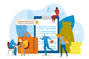 Company registration for business concept, vector illustration. Man woman people character work in office, professional team near huge tablet