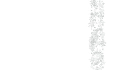 Obraz premium Snowflakes falling on white background. Horizontal Christmas and Happy New Year theme. Silver falling snowflakes for banner, gift card, party invitation, partner compliment and special business offers