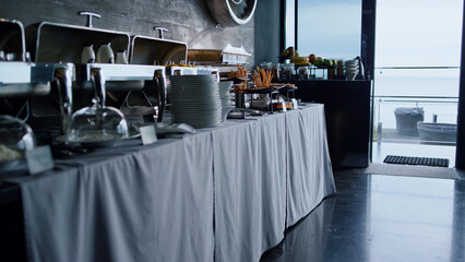 Catering food table serving for business event lunch in stylish restaurant cafe