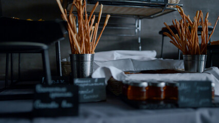 Decorated tableware dish served on hotel restaurant food buffet counter closeup