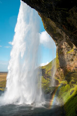 View of Seljalandsfoss on a sunny day in Iceland
