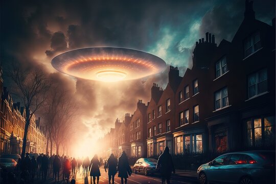 UFOs Arriving in the City from the Sky, with lights and energy, between the clouds, people is seeing it scared