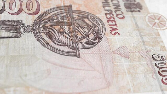 Spain Spanish Peseta 5000 Banknotes, Five Thousand Spanish Peseta, Close-up and macro view of the Spanish Peseta, Tracking and Dolly Shots 5000 Spanish Peseta banknote Observe and Reserve Side