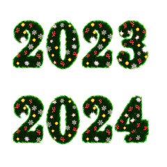 Beautiful christmas wreath like font numbers in the shape of 2023 2024 with shiny orbs and stars and snowflakes on transparent background (3D Rendering)	