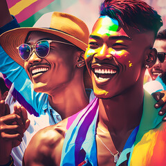 Stylized Digital Painting of an Asian Couple at a Pride Event Supporting the LGBTQ+ Community with Rainbow Flags (AI, Not Real Models)