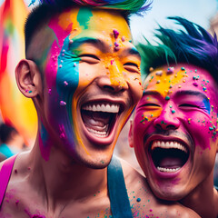 Stylized Digital Painting of an Asian Couple at a Pride Event Supporting the LGBTQ+ Community with Rainbow Flags (AI, Not Real Models)