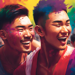 Stylized Digital Painting of an Asian Couple at a Pride Event Supporting the LGBTQ+ Community with Rainbow Flags (AI, Not Real Models)