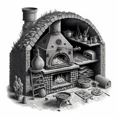 Traditional Drawing of a Pizza Oven in a Pizza Shop  (AI)