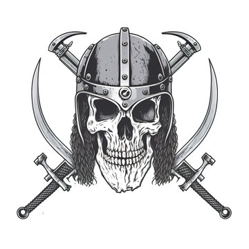 Graphic Realistic Skull. Dead Viking Warrior. Horned helmet. Scary demon in horror style. Idea for a tattoo concept. Generative AI