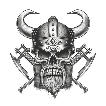 Graphic Realistic Skull. Dead Viking Warrior. Horned helmet. Scary demon in horror style. Idea for a tattoo concept. Generative AI
