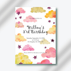 beautiful birthday invitation with cloud and stars watercolor ornament