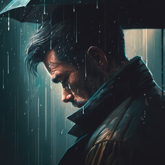 Dark and Dreary Digital Painting Illustration of a Sad Man in the Rain in the City - Emotional Art for a Moodier Rainy Day (AI, Not Real Models)