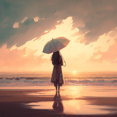 Vibrant Digital Painting Illustration of a Woman Holding an Umbrella on the Beach during the sunset - Bright and Feminine Art (AI)