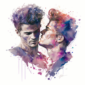 Colorful Vibrant Watercolor Painting Of A Joyful And Attractive Young Caucasian White Gay Couple In Their 20s In Love, On A Solid White Background (AI, Not Real Models)