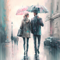 Vibrant Watercolor Painting of a Young Heterosexual Couple in the Rain Holding an Umbrella on City Streets (AI)