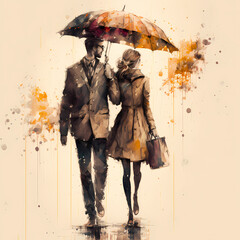 Vibrant Watercolor Painting of a Young Heterosexual Couple in the Rain Holding an Umbrella (AI)