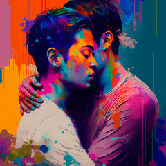 Vibrant and Colorful Digital Painting of a Young and Attractive Asian Gay Couple in their 20s (AI, Not Real Models)