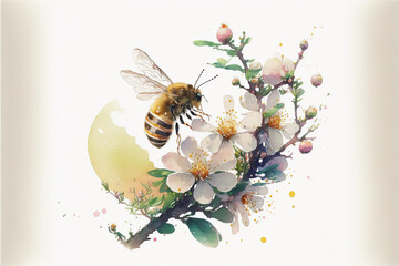 Beautiful bees watercolor illustration made with Generative AI
 - obrazy, fototapety, plakaty