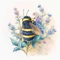 Beautiful bees watercolor illustration made with Generative AI
 - obrazy, fototapety, plakaty