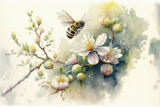 Beautiful bees watercolor illustration made with Generative AI
