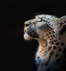 Fototapeta na wymiar head profile closeup of spotted white silver jaguar isolated on black background with copyspace area
