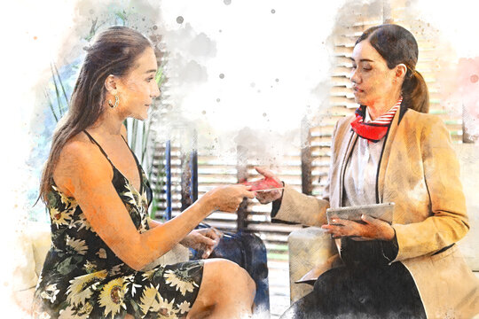 Happiness woman customers are check in to your room at the hotel lobby on watercolor illustration painting background.