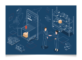 3D isometric Logistics and Delivery services concept with People delivering a box to a customer at home or office. Smart Logistics Business, Export and Import. Vector illustration eps10