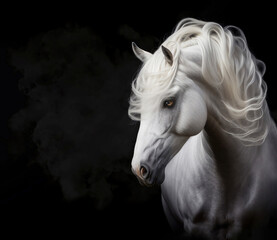 Fototapeta na wymiar head profile closeup of long waving hair white horse stallion isolated on black background with copyspace area