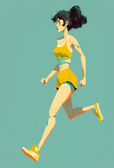 Fototapeta na wymiar Young woman run, isolated on turquoise coloured background, cartoon illustration created with Generative AI technology