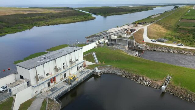 Aerial inspection video Clewiston Lock Miami Canal Lake Okeechobee FL USA