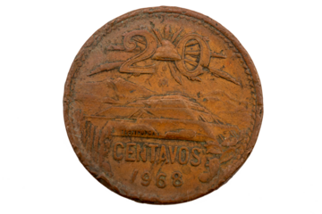 20 centavos de Bronce Mexicanos 1966 con imagen de la pirámide del sol en Teotihuacán, volcanes ixtaccihuatl y Popocatepetl. 