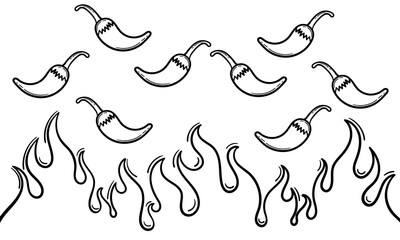 hand drawn illustration with a spicy theme with a design of red chilies and a burning fire indicating spicy and hot